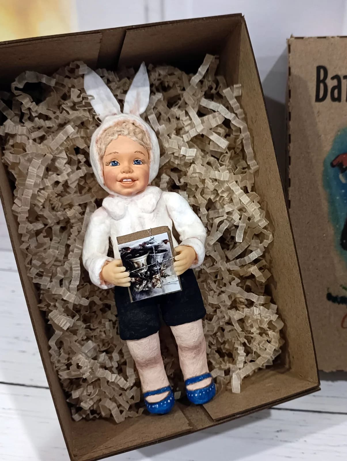Ватная ёлочная игрушка «Ватная ёлочная игрушка Мальчик в костюме зайчика, ретро СССР, ручная работа, коллекционная, подарочная коробка»