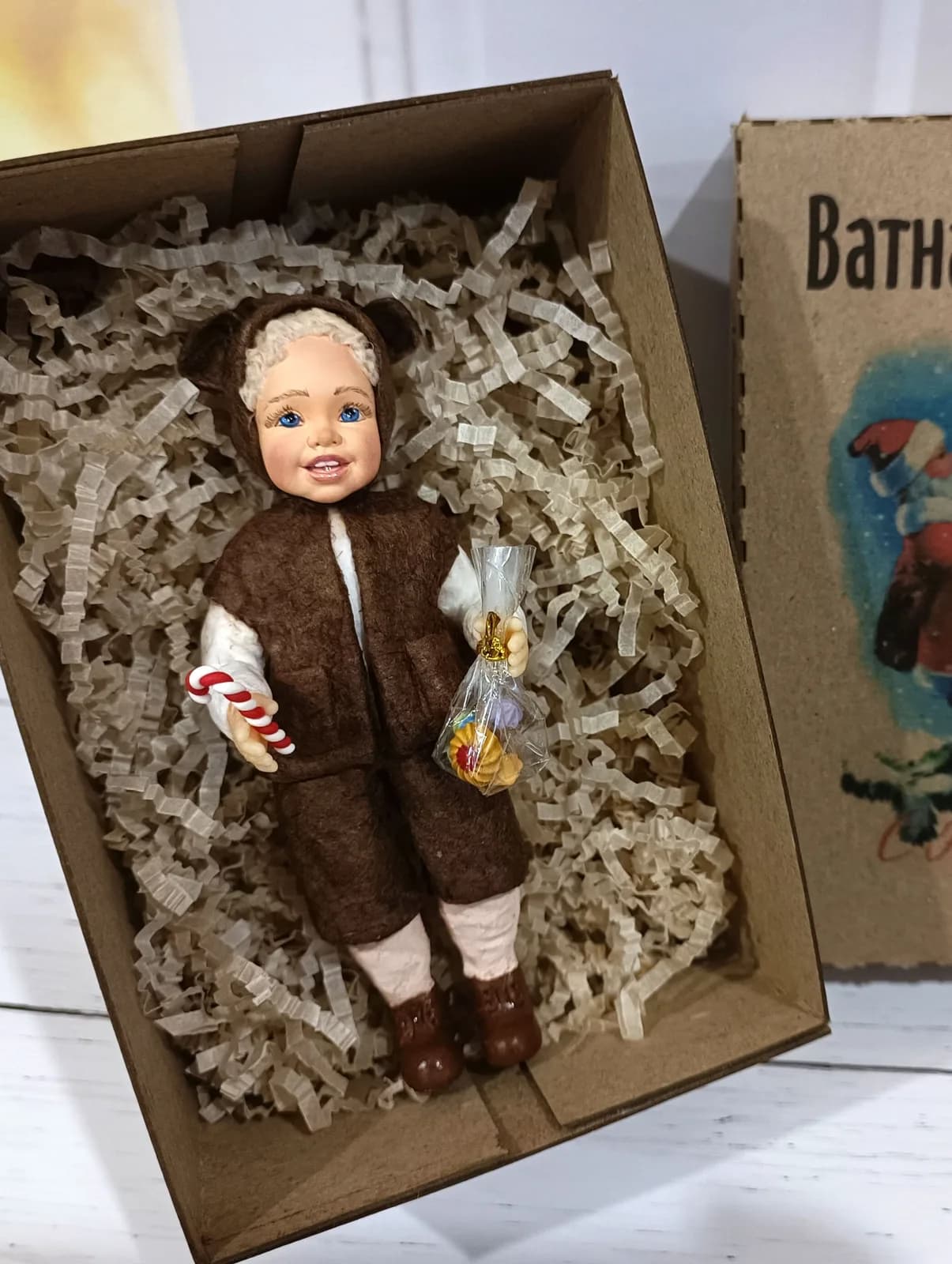 Ватная ёлочная игрушка «Ёлочная игрушка из ваты Мальчик в костюме мишки, ретро винтаж, ручная работа, автор Дарья Краснокутская»
