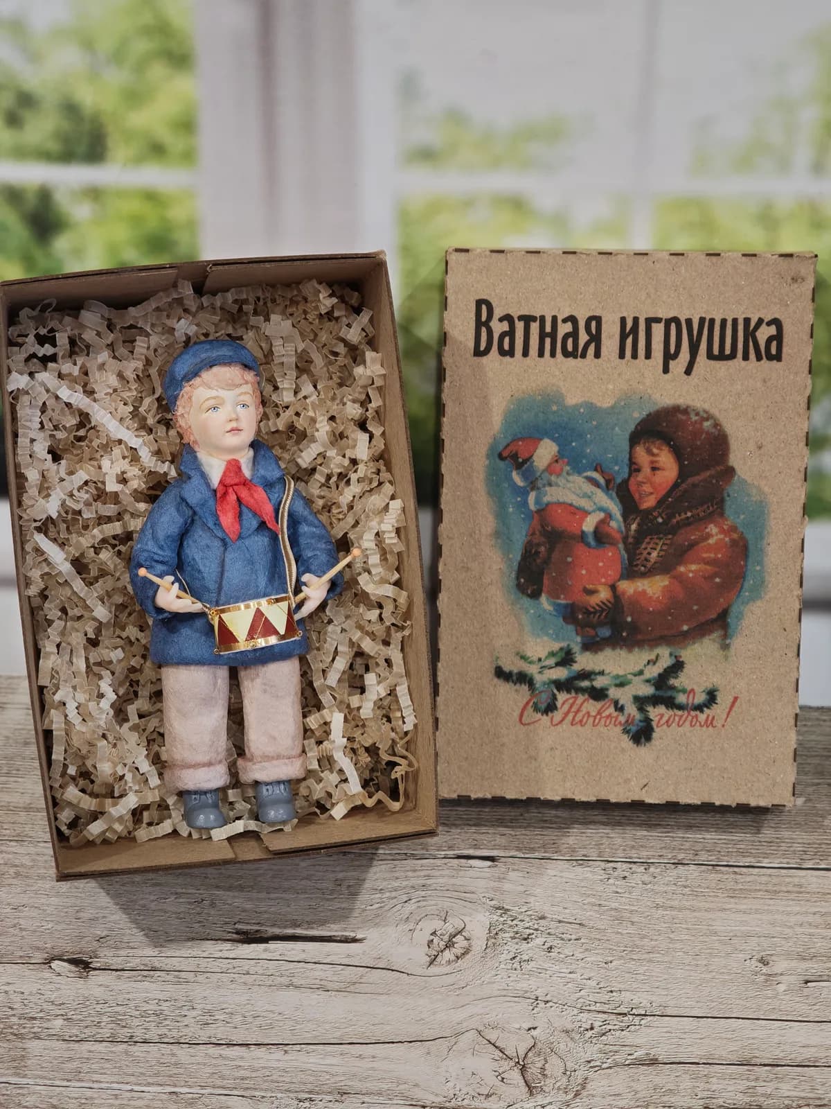 Ватная ёлочная игрушка «Ватная ёлочная игрушка Пионер с барабаном, ретро СССР, ручная работа, коллекционная, подарочная коробка»
