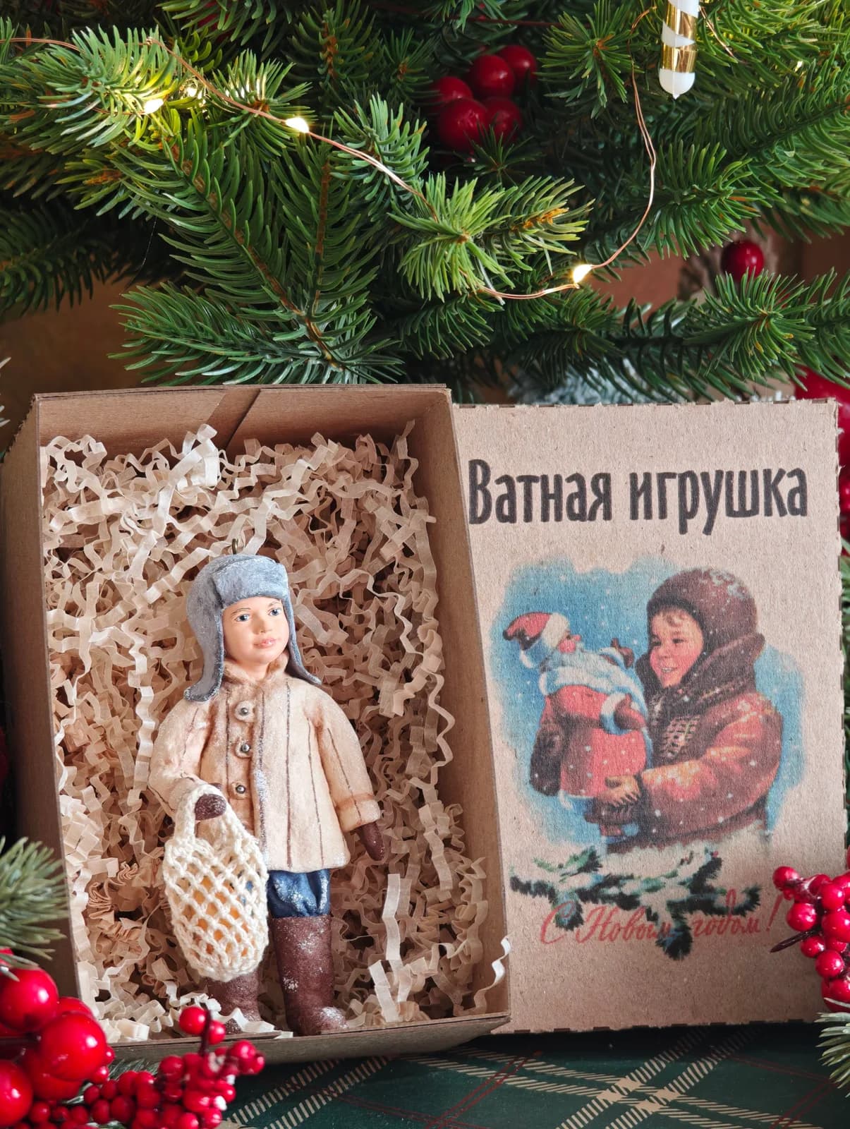 Ватная ёлочная игрушка «Ватная ёлочная игрушка Мальчик с авоськой, ретро СССР, ручная работа, Коллекционная, подарочная коробка, автор Дарья Краснокутская»