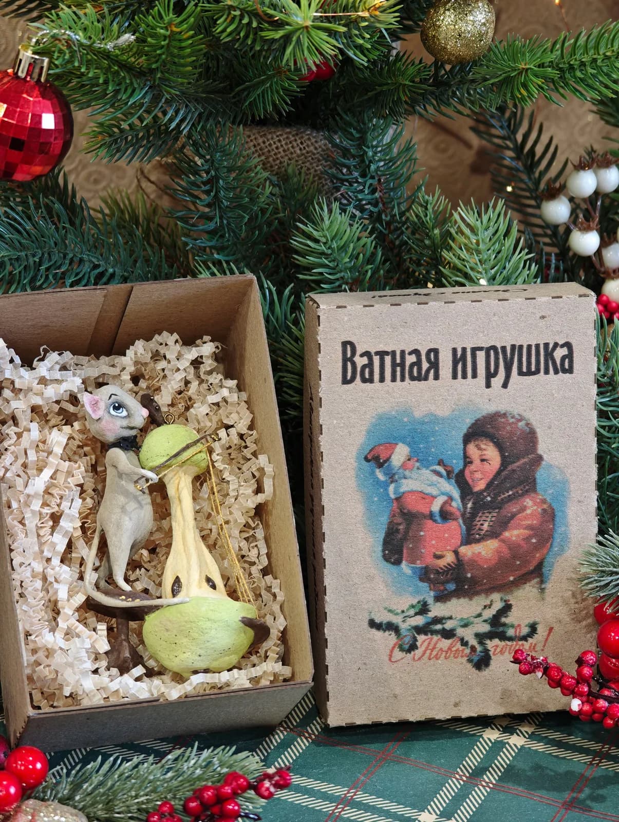 Ватная ёлочная игрушка «Коллекционная ватная ёлочная игрушка. Мышка-музыкант, ретро СССР, ручная работа, подарок»