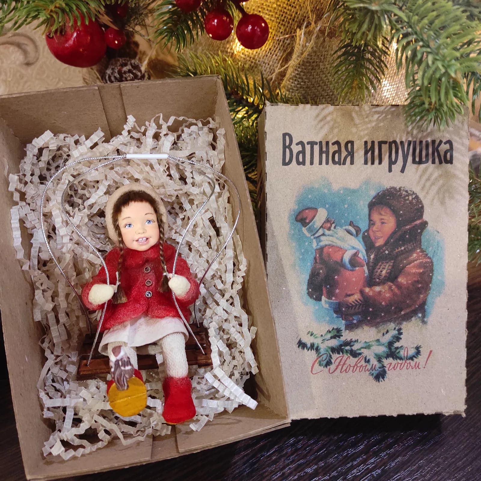 Ватная ёлочная игрушка «Елочная игрушка девочка на качелях в красном»