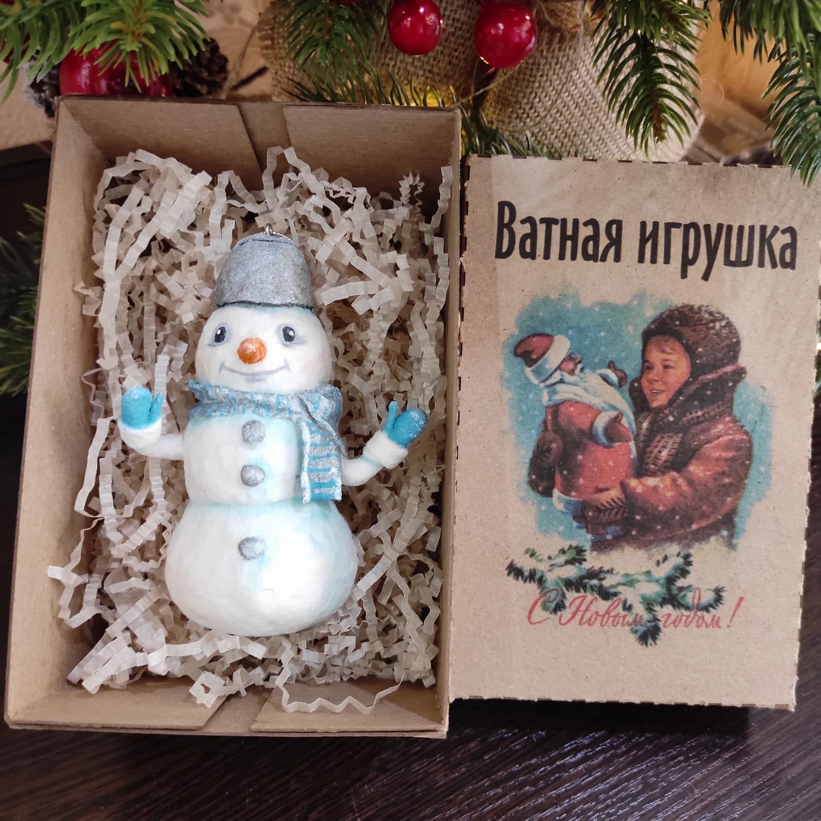 Ватная ёлочная игрушка «Снеговик Федя в стиле советских мультиков. Ватная игрушка»