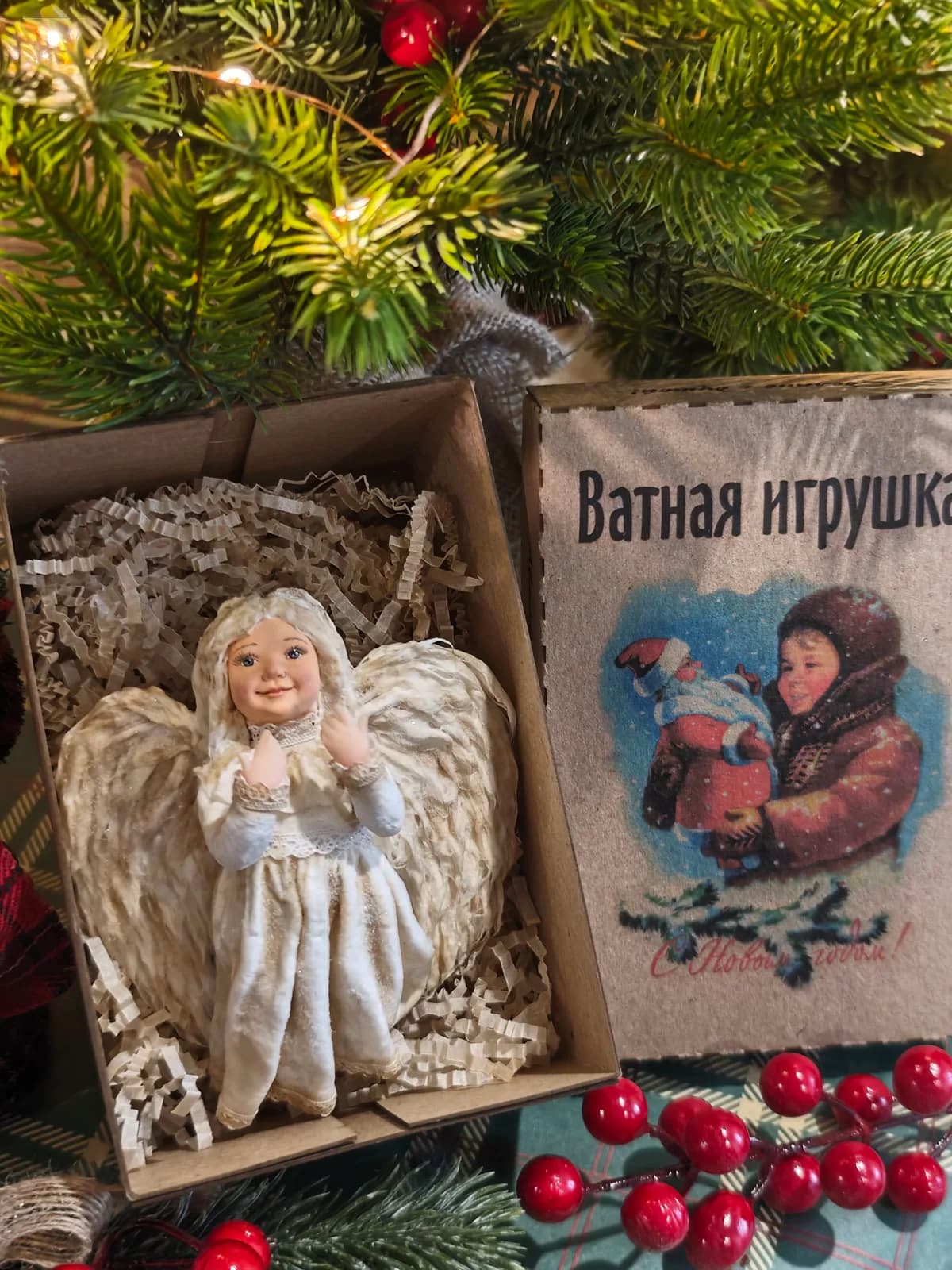 Ватная ёлочная игрушка «Ватная ёлочная игрушка Ангел, ретро СССР, ручная работа, коллекционная, подарочная коробка, автор Дарья Краснокутская»