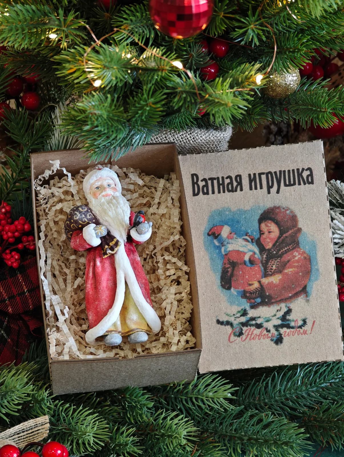 Ватная ёлочная игрушка «Коллекционная ватная ёлочная игрушка. Дед Мороз в красной шубе, ретро СССР, ручная работа, подарок»